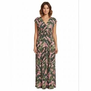 Lands' End Maxi Dress Tropical Safari Floral Faux Wrap Women's Large